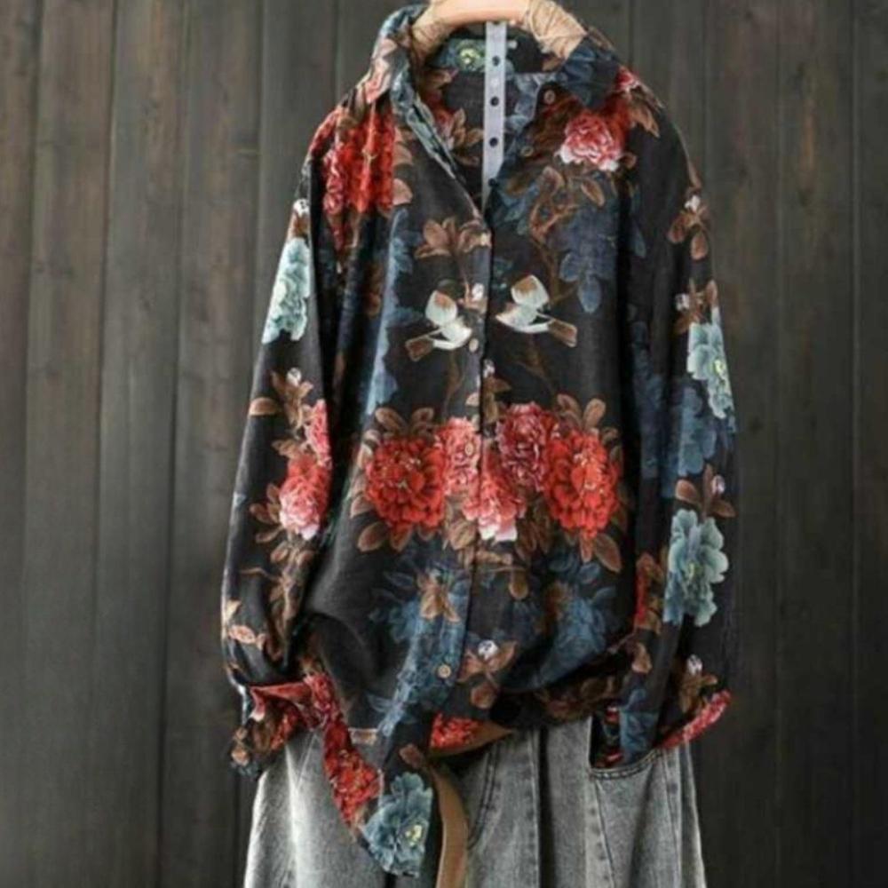 Women's Floral Print Linen Cotton Shirt Loose Fit Long Sleeve Casual Blouse