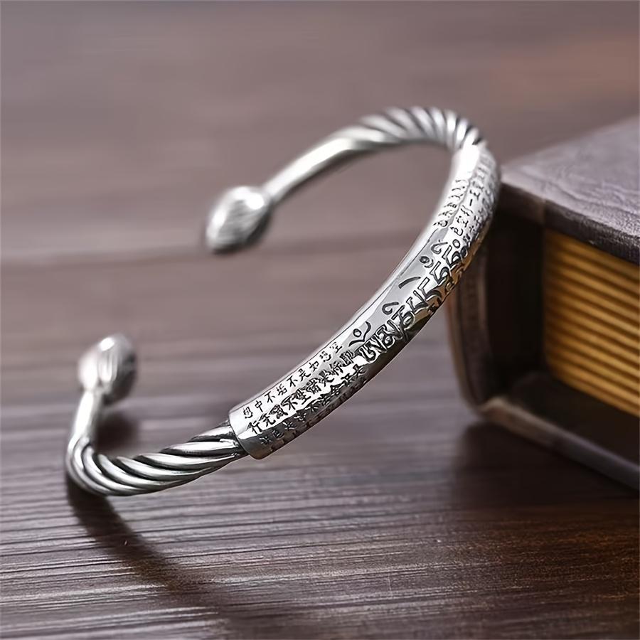 Vintage Six-Character Mantra Alloy Bracelet for Men, Personalized Heart Sutra Open Bangle, Twisted Wire Men's Bracelet
