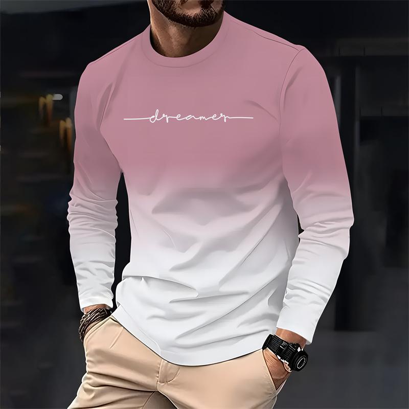 Men's Gradual Casual Long-sleeved T-shirt Simple Fashion Letter Print Loose T-shirt Youth Comfortable Crewneck Top