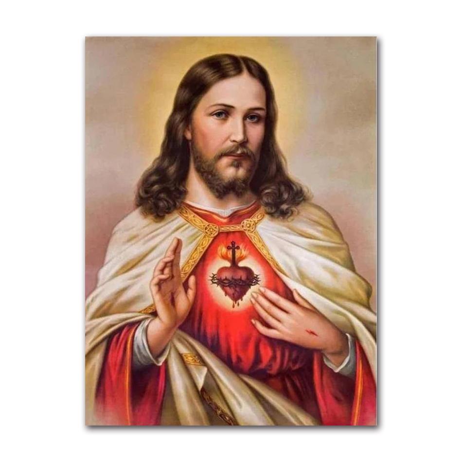 Art Print Mary Religious Canvas Painting Abstract Christian Wall Decor for Home Vintage Sacred Heart of Jesus