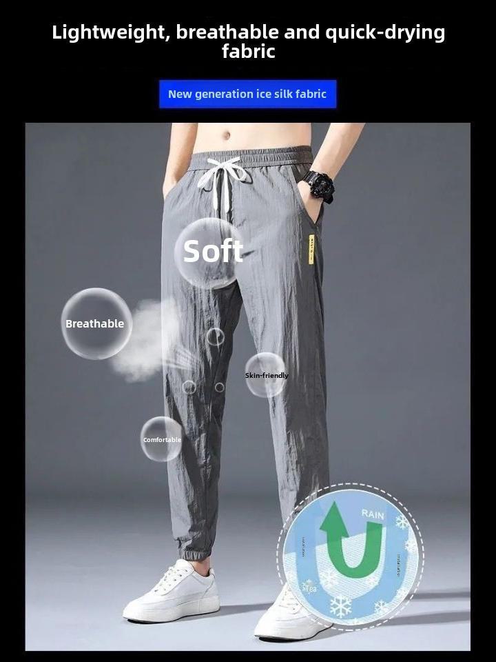 2023 Men's Korean-Style Ice Silk Casual Pants, Quick-Drying, Trendy, Loose-Fit Nine-Point Sports Pants for Summer.