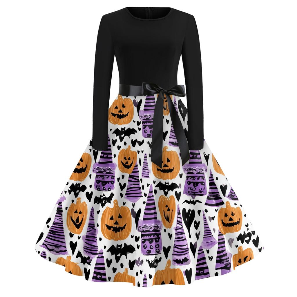 Women's Casual Halloween Print Vintage Round Neck Long Sleeve Dress Retro Fit and Flare Style with Waist Tie and Unique Pumpkin Pattern