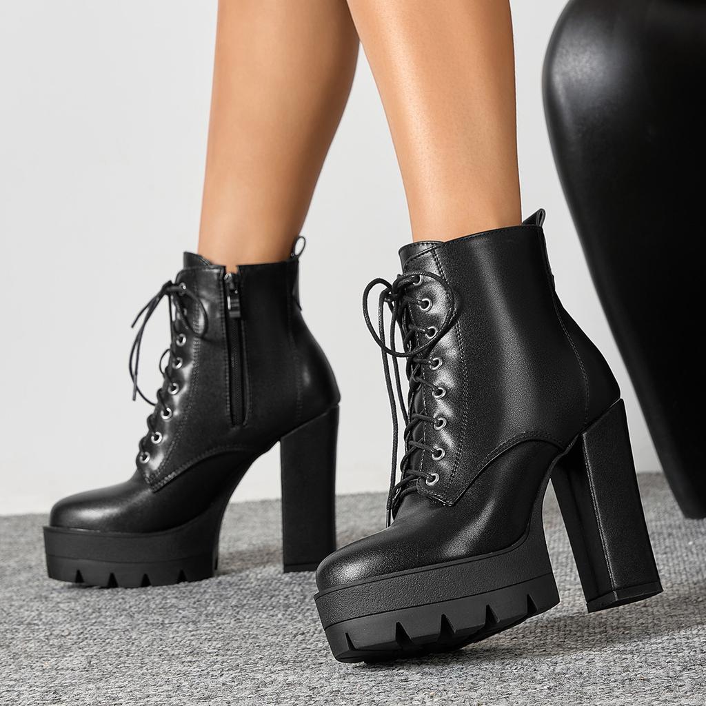 Autumn and Winter Supply Fashion Thick-soled High-heeled Large-size Front Lace-up Low-tube Martin Boots