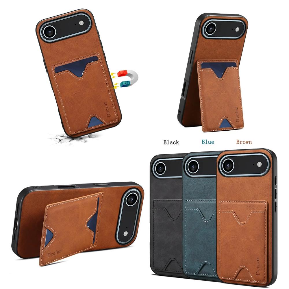 Retro Froste Leather Phone Case for iPhone 17 Pro Max Air 17E 16E 16 Plus 15 14 13 12 Card Slot Invisible Vertical Bracket Cover