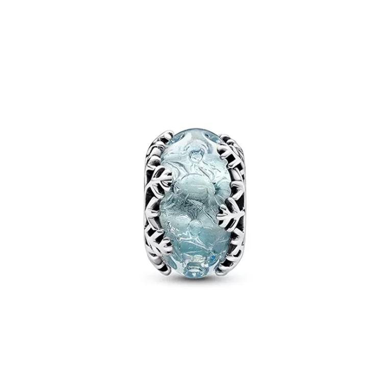 Pandora Snowflake Ethnic Style Forest Series 925 Silver Glass Bead Women Jewelry Light-Blue 792377C00 Box