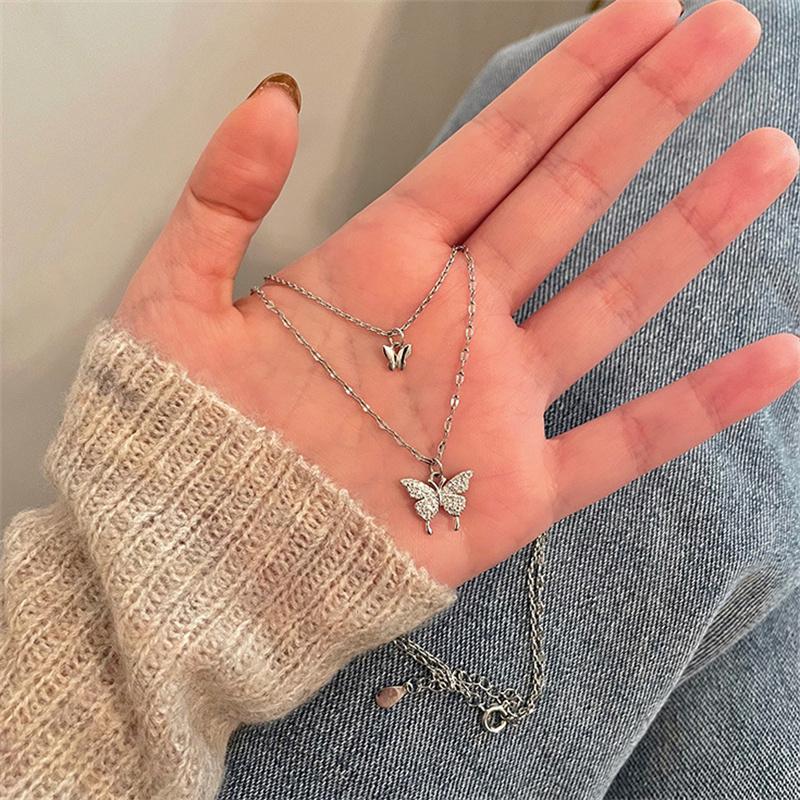 Simple Butterfly Double Layer Choker Necklace For Women Shiny  Butterfly Pendants Clavicle Chain Elegant Wedding Jewelry