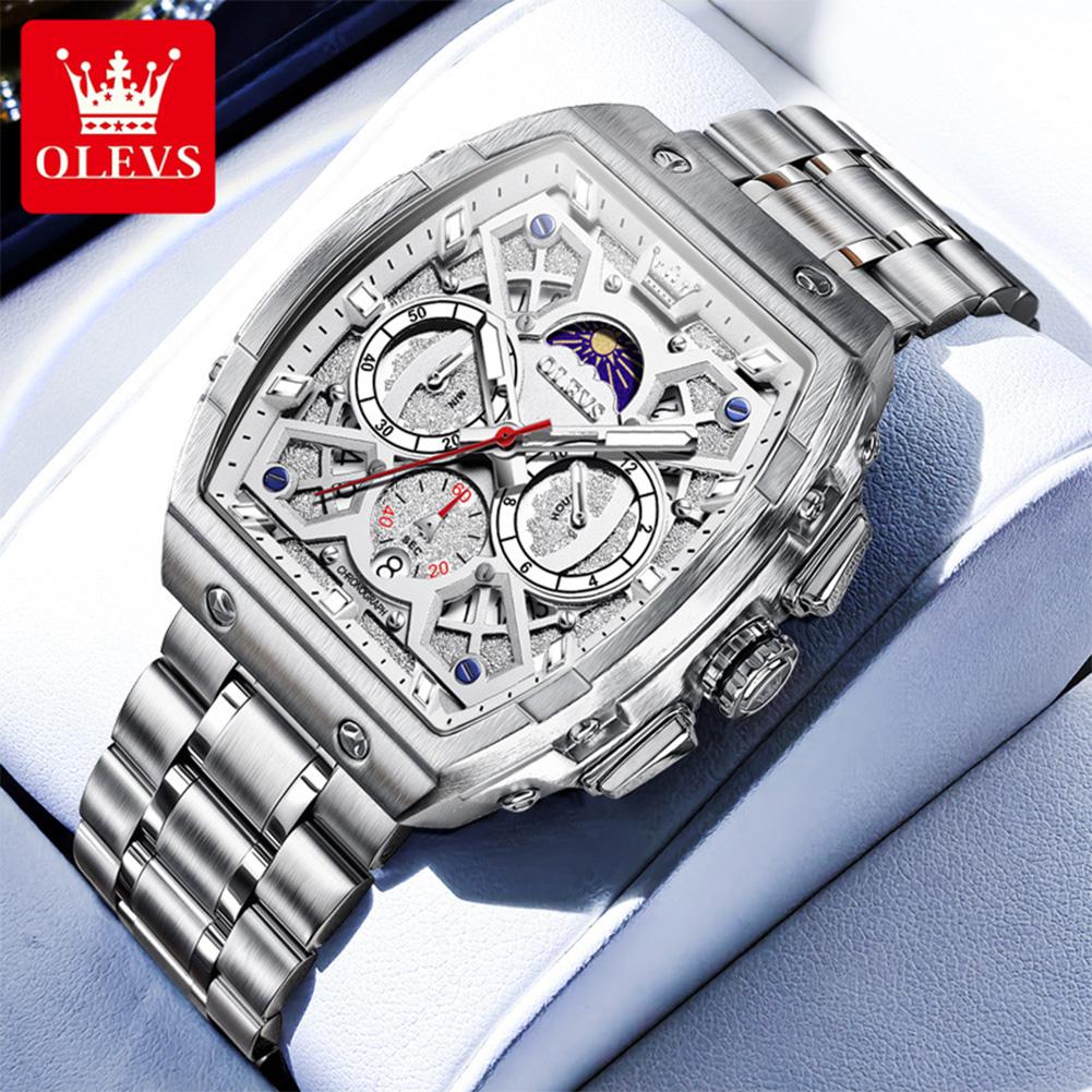 OLEVS Herren Chronograph Uhr Original Tonneau Quarz Uhr Wasserdicht Leuchtend Edelstahl Uhren Für Männer