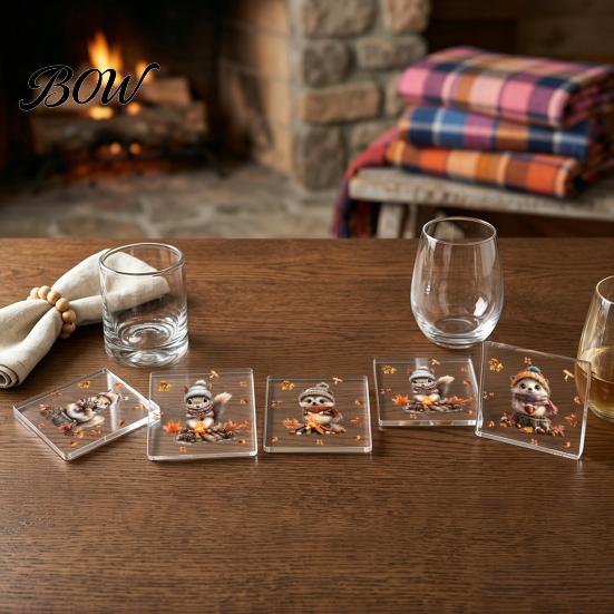 Double Sided Printed Drink Coasters 4Pcs Maple Leaf Squirrel Acrylic Coaster, 2D Reversible Cup Mat for Coffee Halloween Brain Pattern Table