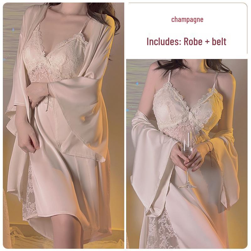 Satin Backless Lace Nightgown with Padded Deep V & Tie-Waist Robe Set
