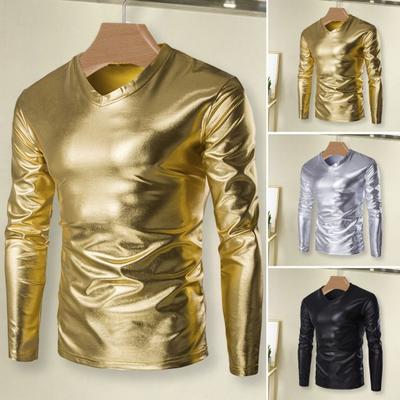 Pánske top tričko Slim Fit s dlhým rukávom a výstrihom do V Trendy lesklé bronzové lesklé pánske blúzky na večierky Pódiové plesy