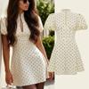 Mini Abito A-line a Pois Retrò Elegante Collo Alto Maniche Corte a Sbuffo Abiti a Vita Stretta Nuovi Abiti da Festa per Donna