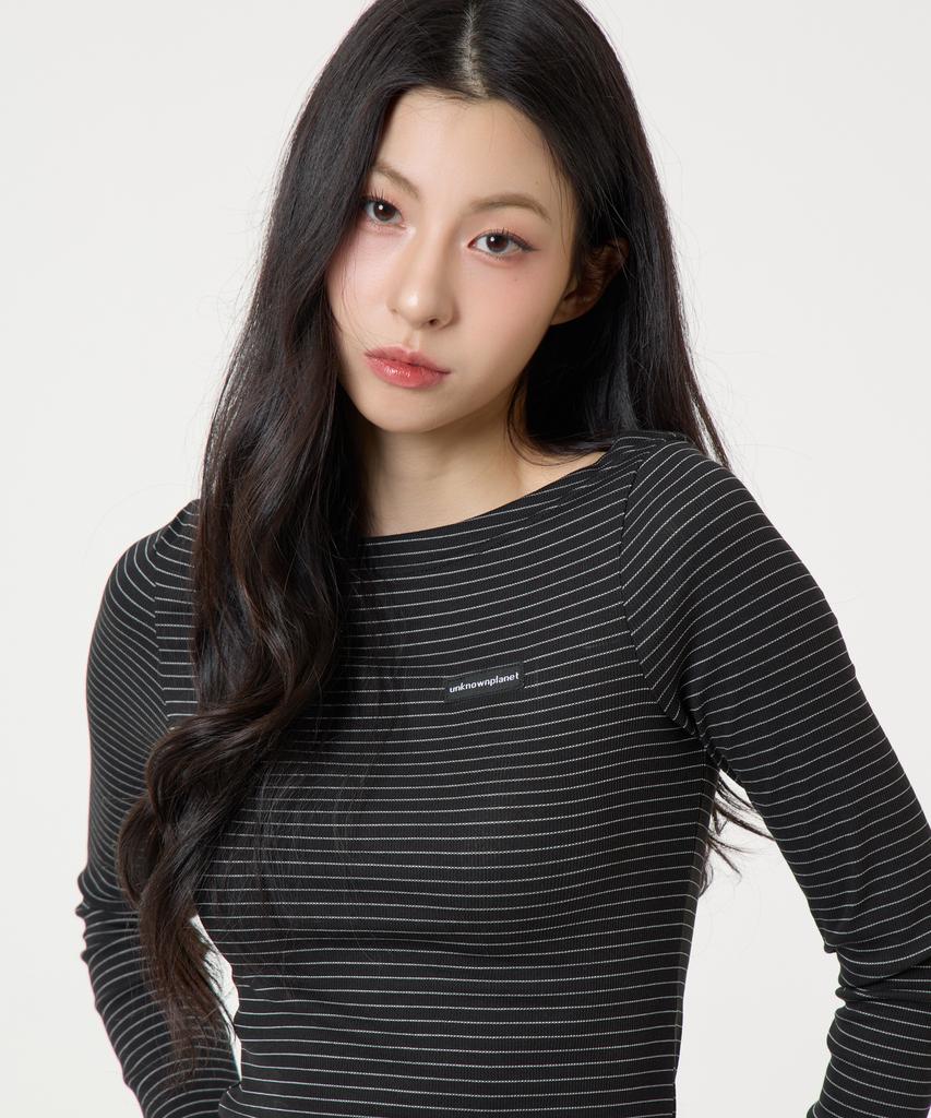 UNKNOWN PLANET Slim Striped Boat Neck Long Sleeve Top Black