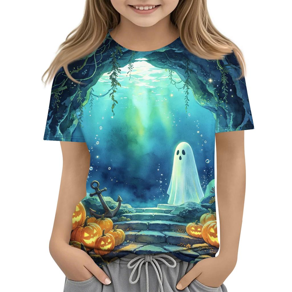 Kids Halloween Printed Short Sleeve T Shirt Casual Round Neck Top Boys Girls Comfortable Fit All Over Pattern Tee