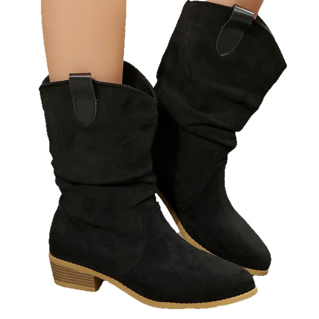 New large size autumn medium tube thick heel Martin boots solid color low heel pointed tip
