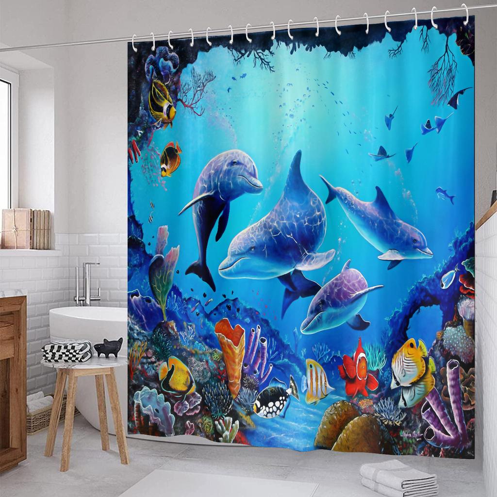 Ocean Underwater World Shower Curtains Set Dolphin Animal Cheerful Marine Life Scenery Polyester Fabric for Kids Bathroom Decor