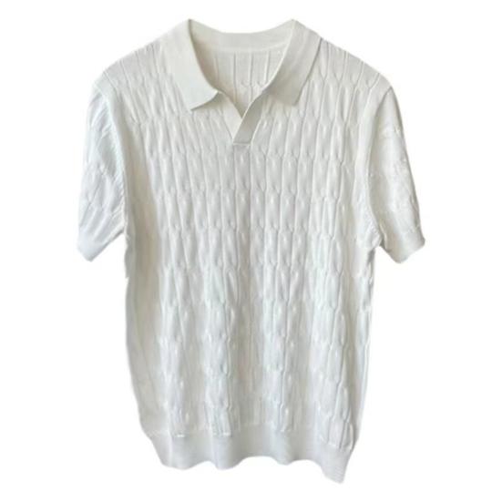 Summer Men Lapel V-neck Knitting Tops Short Sleeve Solid Color Loose Fit