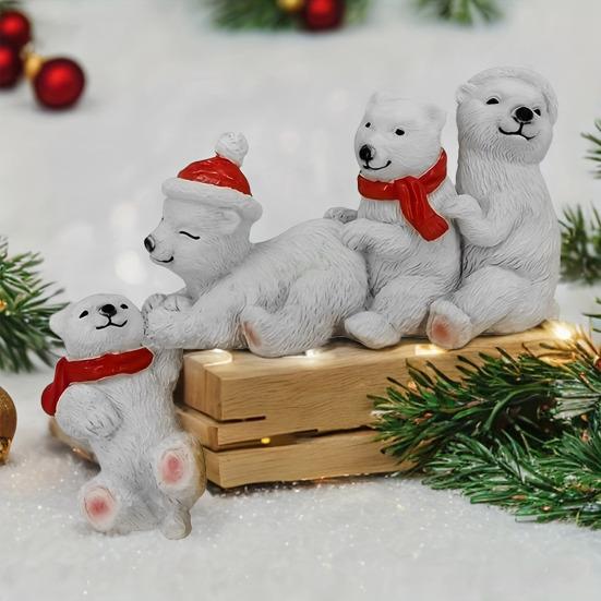 Christmas Polar Bear Family Figurine Santa Hat Red Scarf Four Polar Bear Statue Resin Animal Sculpture Home Office Desktop Decoration Ornament