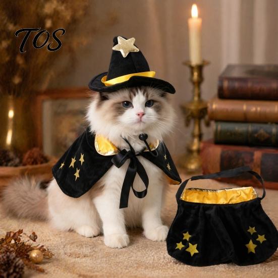 Halloween Wizard Cloak for Pets 1 Set Cat Witch Costume, Black Cape And Hat, Moon Pet Costume Star Pointed Hat Cats Small Medium Dogs Festive
