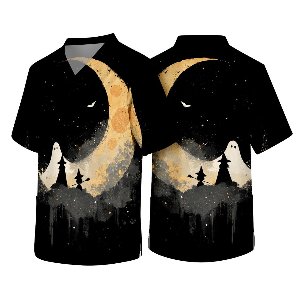 Men's Short Sleeve V Neck Halloween Print Pocket Scrub Top Lightweight Comfortable Fit Medical Uniform Shirt for Healthcare Professionals