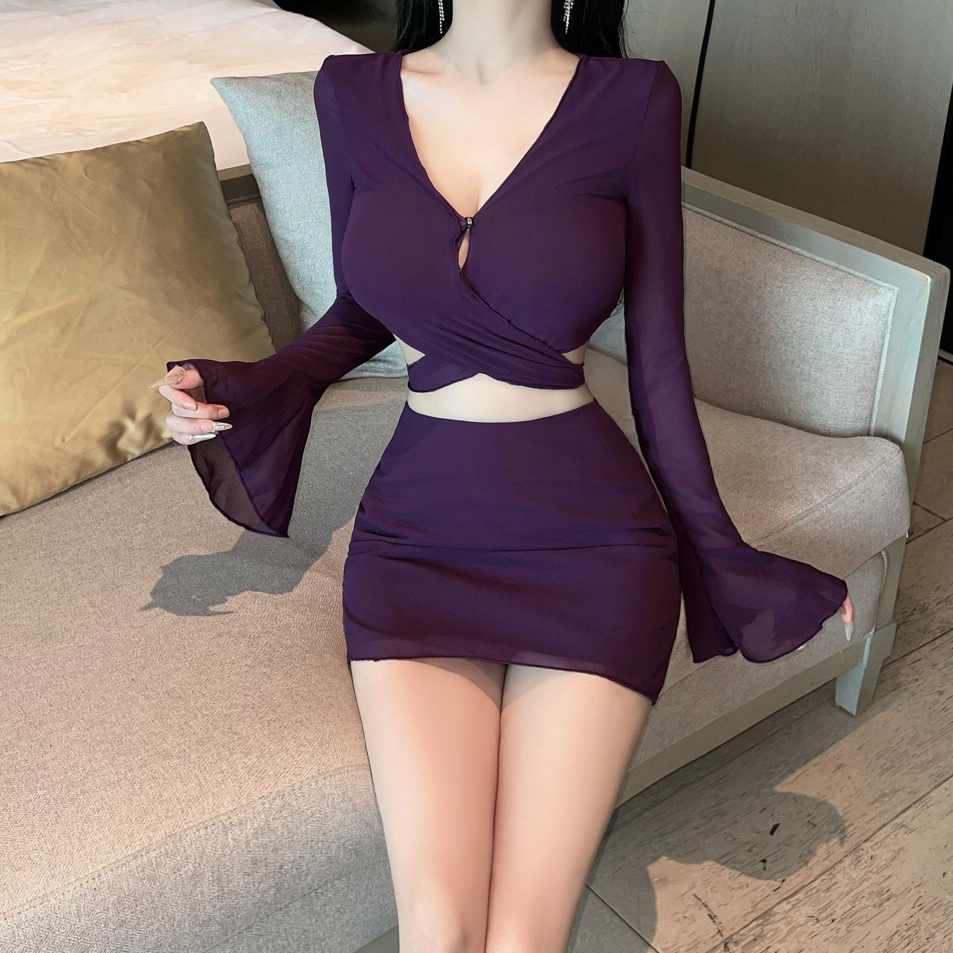 

Autumn and winter new pure desire purple mesh V-neck top skirt two-piece set thin sexy hip-wrap skirt XL фіолетовий