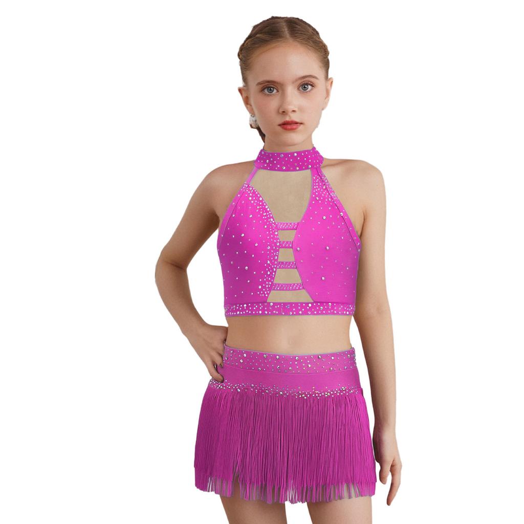 Girls Halter Sleeveless Crisscross Back Rhinestones Crop Top Tassel Briefs Skirt Latin Dance Set
