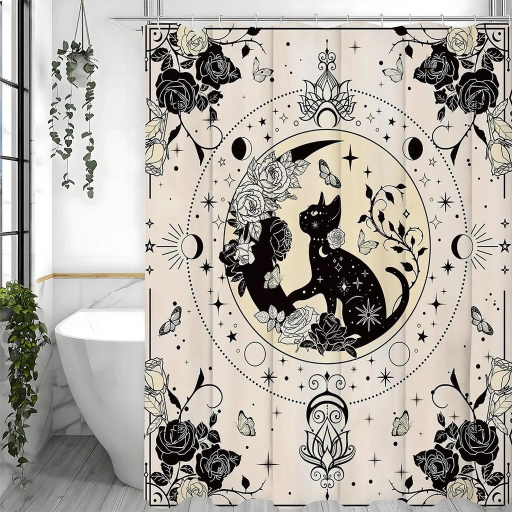 Witch Black Cat Moon Phase Beige Stars Mystic Celestial Decorative Shower Curtain, Bathroom Decorative Shower Curtain, Waterproo