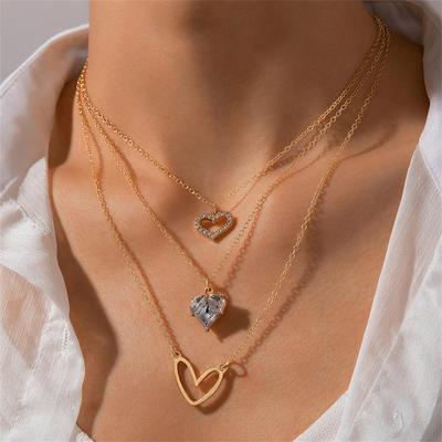 New European and American Diamond Heart Necklace Instagram Creative Retro Simple Hollow Heart Multi Layered Layered Snake Bone Chain