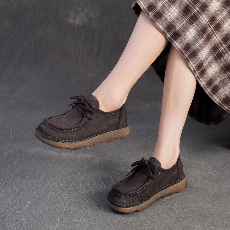 Johnature Echte Leder Ballerinas Bequem Vielseitig Schnürschuhe Pendeln Retro Weichbesohlte Damenschuhe