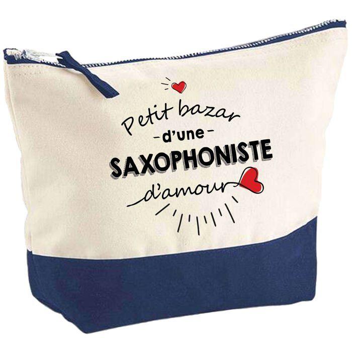 Pochette fond bleu Bazar d'une Saxophoniste d'Amour - Cadeau Original - Anniversaire Trousse Maquillage Grand Format