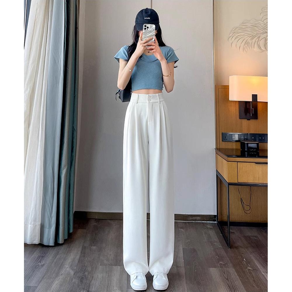 New Arrival Summer Ice Silk Suit Pants for Women with High Waist Wide Legs Drooping Pear-shaped Body Relaxed Straight Versatile Trousers