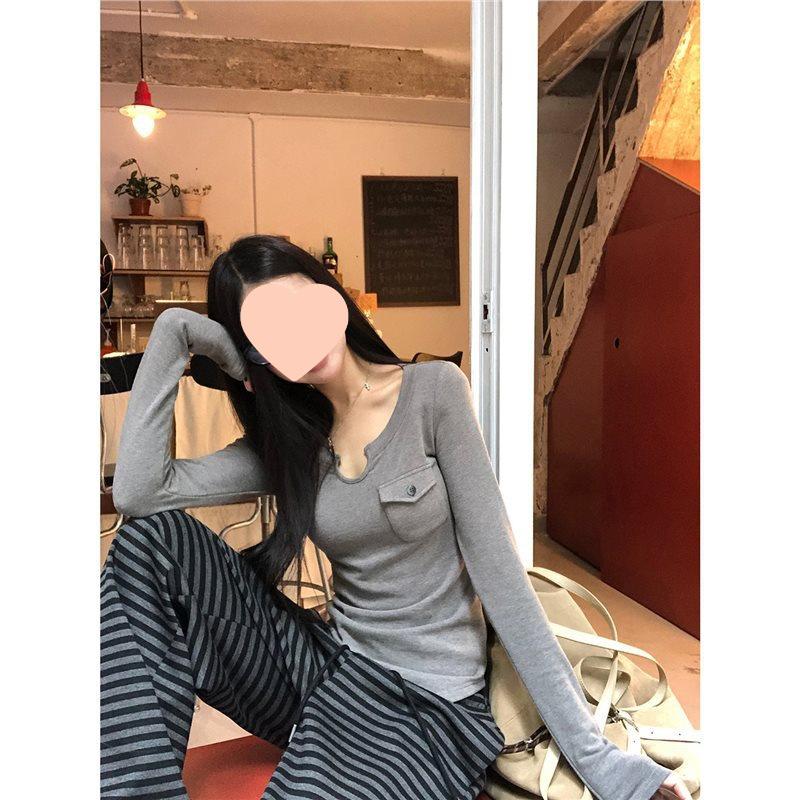 

Red Influencer Long-Sleeve Gray Slimming Top for Women – 2025 Korean Chic Style L