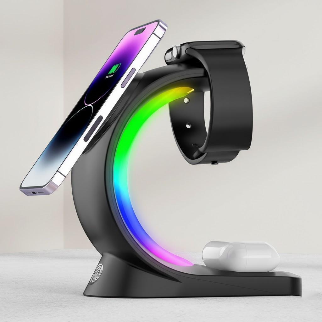 

STONEGO 3-in-1 Wireless Charging Station 15W Fast Magnetic Charger Stand RGB Lights for iPhone Android Smartphones Tablets чорний