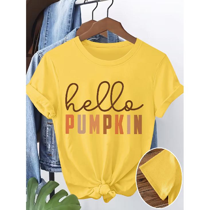 Brown-orange gradient hello PUMPKIN Autumn Vintage Handwritten English Print Short Sleeve T Women's T-shirt Soft and skin-friendly round-neck short
