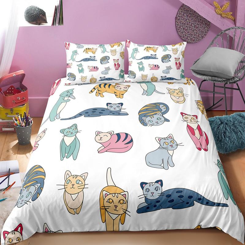 Cat Flowers King Queen Duvet Cover Cartoon Kitty Floral Bedding Set For Kids Lovely Animals Black 2/3pcs Polyester Quilt Cover