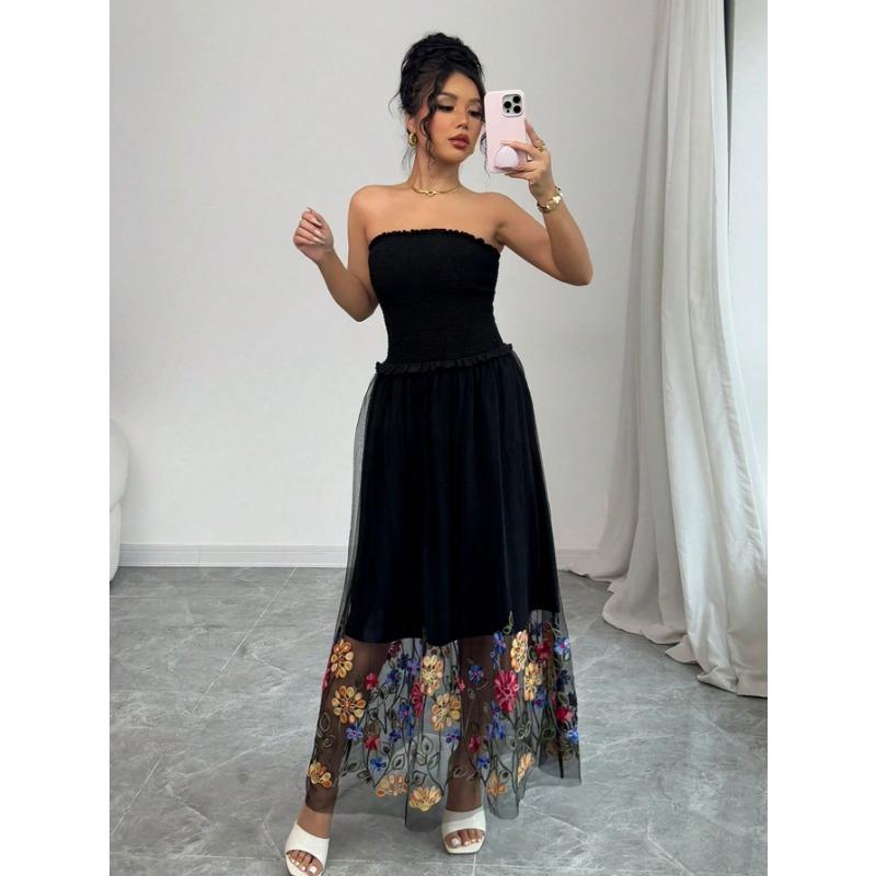 

Летнее сексуальное женское платье без бретелек с цветочной вышивкой — повседневное и простое XXL чёрный