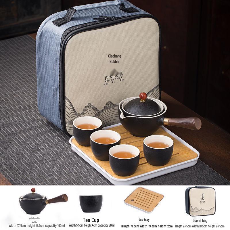 Compact Travel Tea Set with Automatic Rotating Teapot and Side Handle Kung Fu Cups