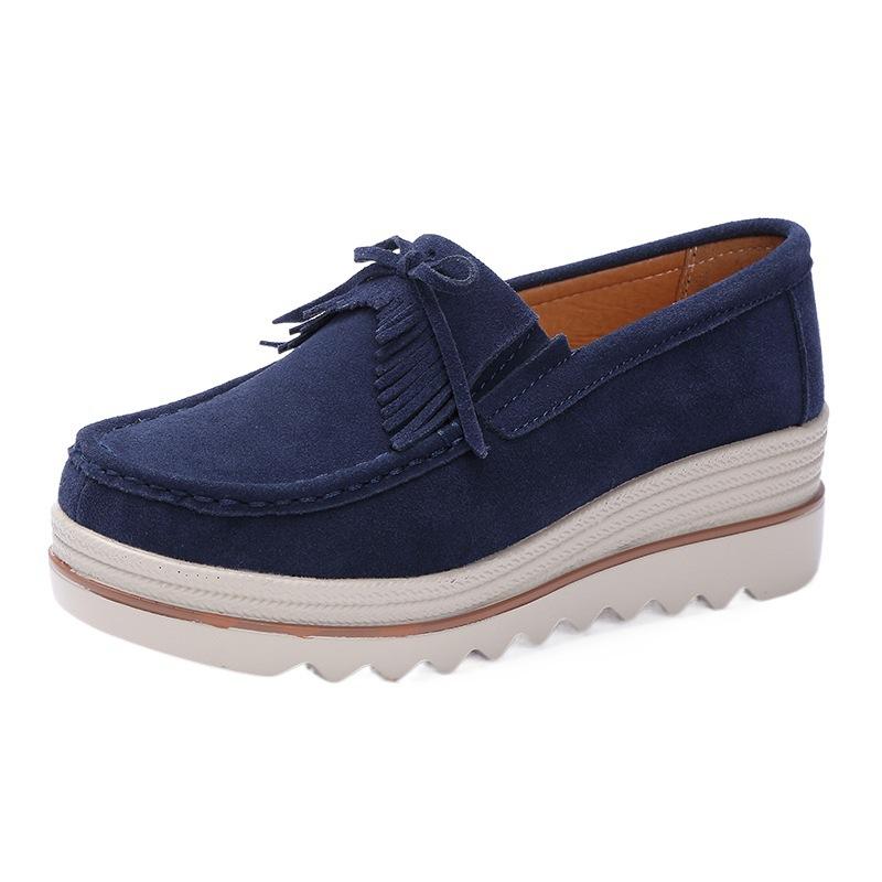 Big cowhide flower women's shoes fringed round head wedge heel platform casual women's shoes