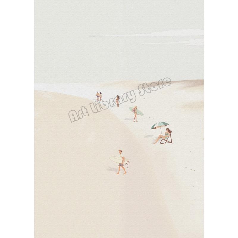 Retro Minimalist Beach Figure Swimming Surfing Poster Canvas Painting Wall Art Pictures Home Beach House Bathroom Decor