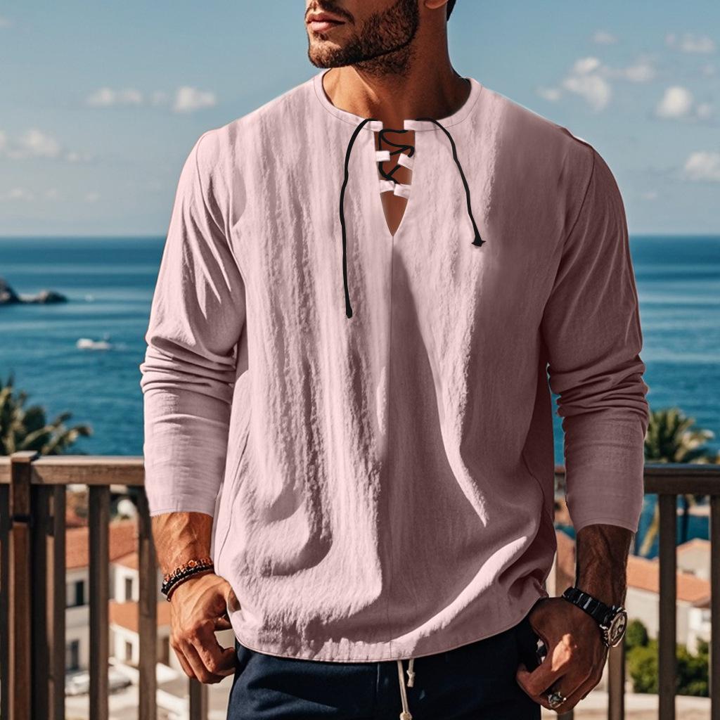 Herbst Langarm Locker Geschnitten Mit Bindung Vorne V-Ausschnitt Herren Einfarbig Baumwolle-Leinen Strandhemd