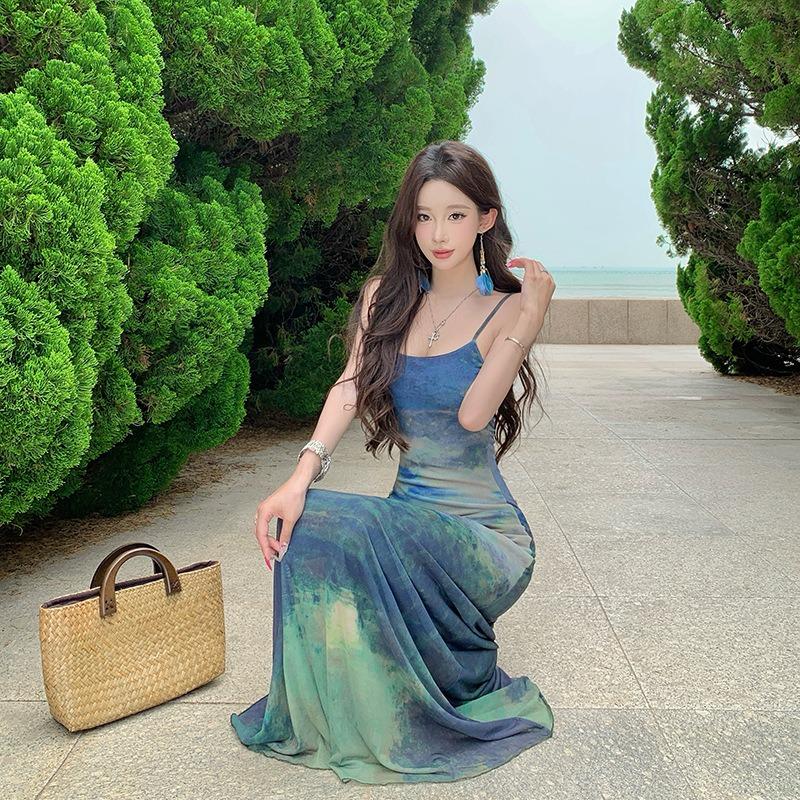 New Smudged Mesh Temperament Dress Women's Summer Literary and Retro Commuter Word Skirt Breathable Vacation Dress