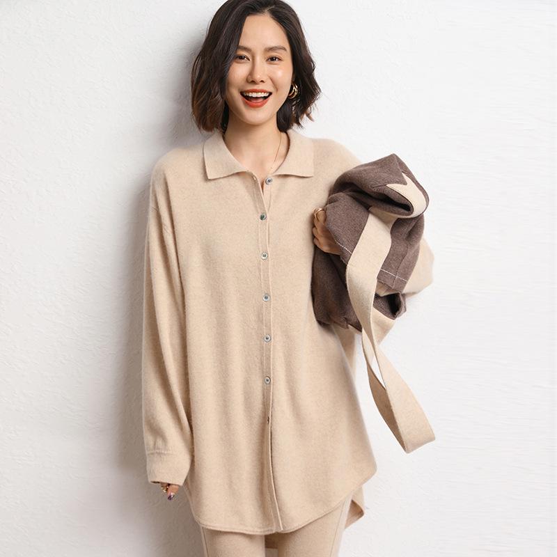 Women's Mid-Length Cashmere Cardigan Sweater - Autumn/Winter Style with POLO Collar