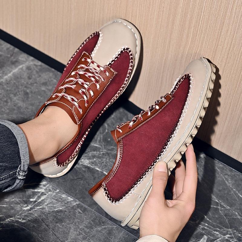 Handmade Leather Men Shoes Casual Lace Up Sneakers Breathable Leather Anti-slip Wearable Shoes Flats Fashion Running Moccasins