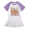 Summer Girls' Cartoon Raglan Short Sleeve Pleated Dress with Ruffle Skirt