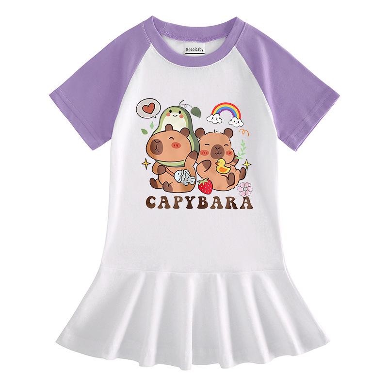 Summer Girls' Cartoon Raglan Short Sleeve Pleated Dress with Ruffle Skirt