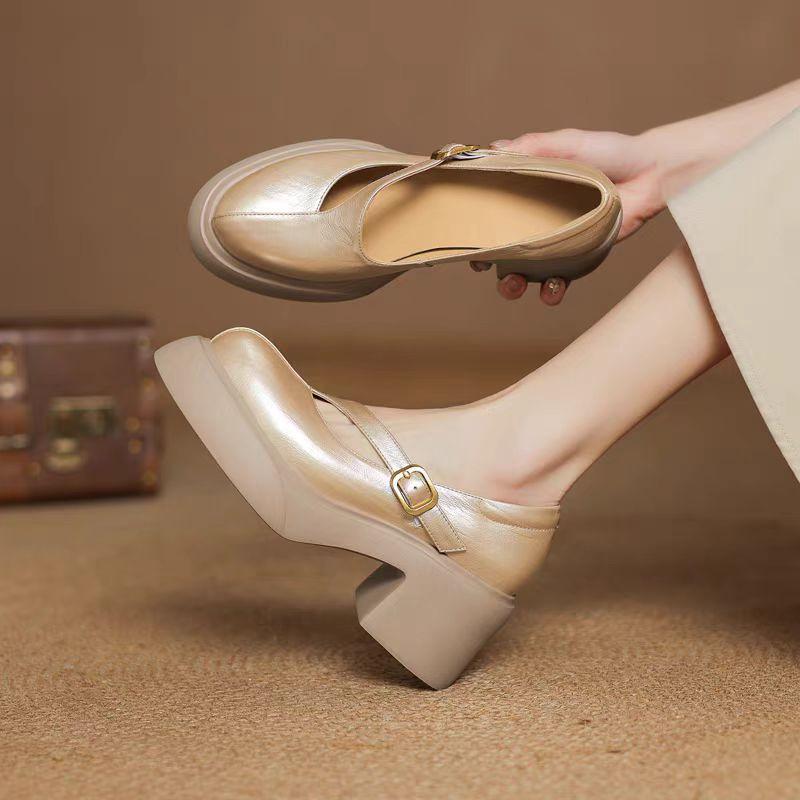 

Платформенные туфли-лодочки из маленькой кожи, женские туфли на толстом каблуке Мэри Джейн, туфли-лодочки на высоком каблуке с открытым верхом 40 шампанского