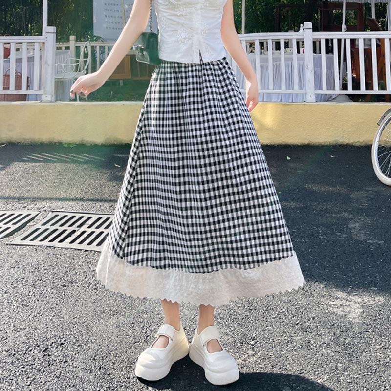 Women's High Waist Checkered Lace Trim A-line Midi Skirt (2025)