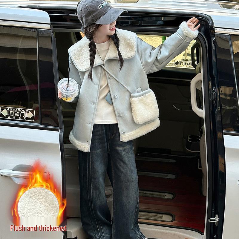 

2025 Girls Fleece-Lined Lambswool Coat - Autumn/Winter Fuzzy Sweater Style 140cm синий