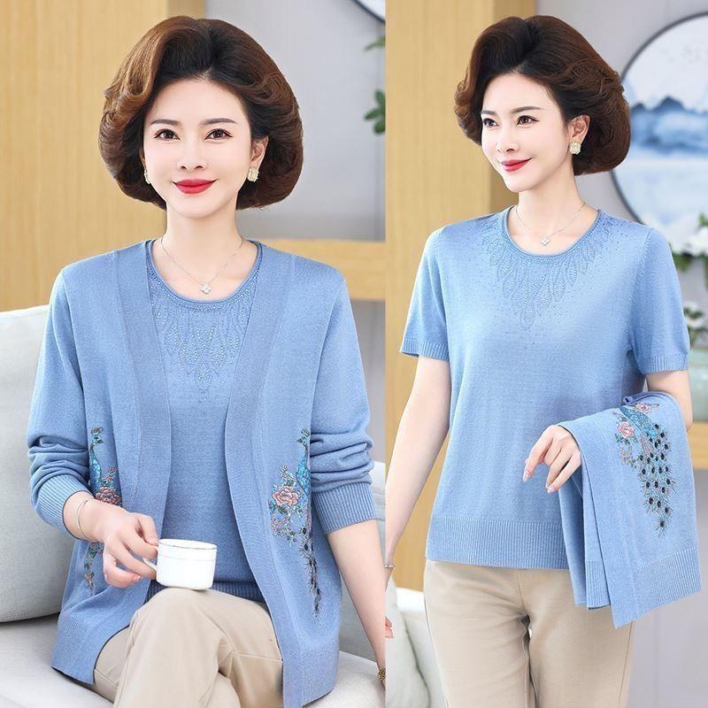 

Комплект из 2 вязаных топов Весна Осень Женский Тонкий Вязаный Кардиган Куртка Вышивка Короткий Рукав Вязаная Футболка Комплект из двух предметов Наряды 4XL синий