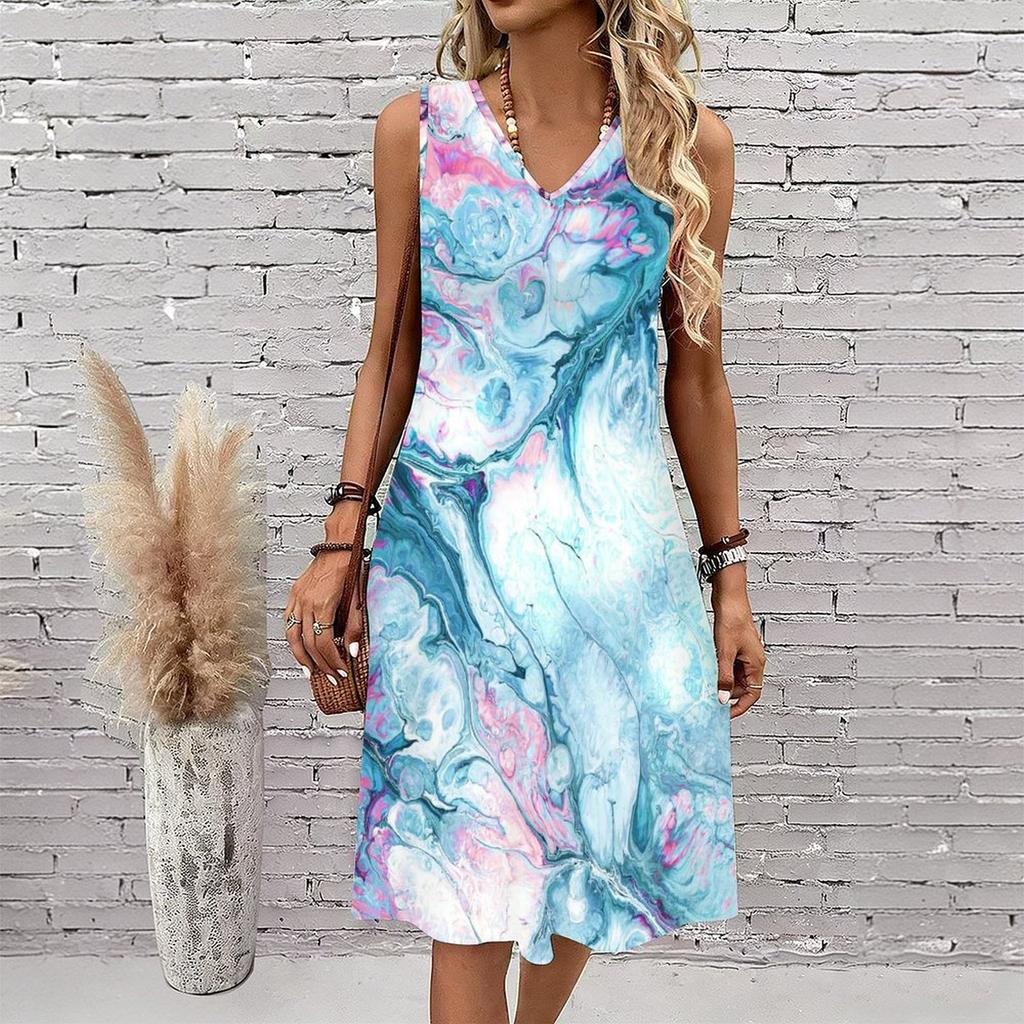 Plus Size V Neck Sleeveless Dress Sun Dappled Stream Forest Print For Afternoon Garden Leisure