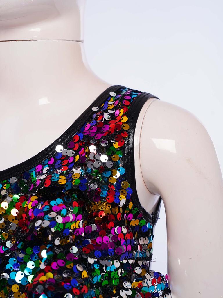 Kids Girls Sequined Dance Top Tiered Ruffles Sleeveless Metallic One Shoulder Vest Performance Outfit